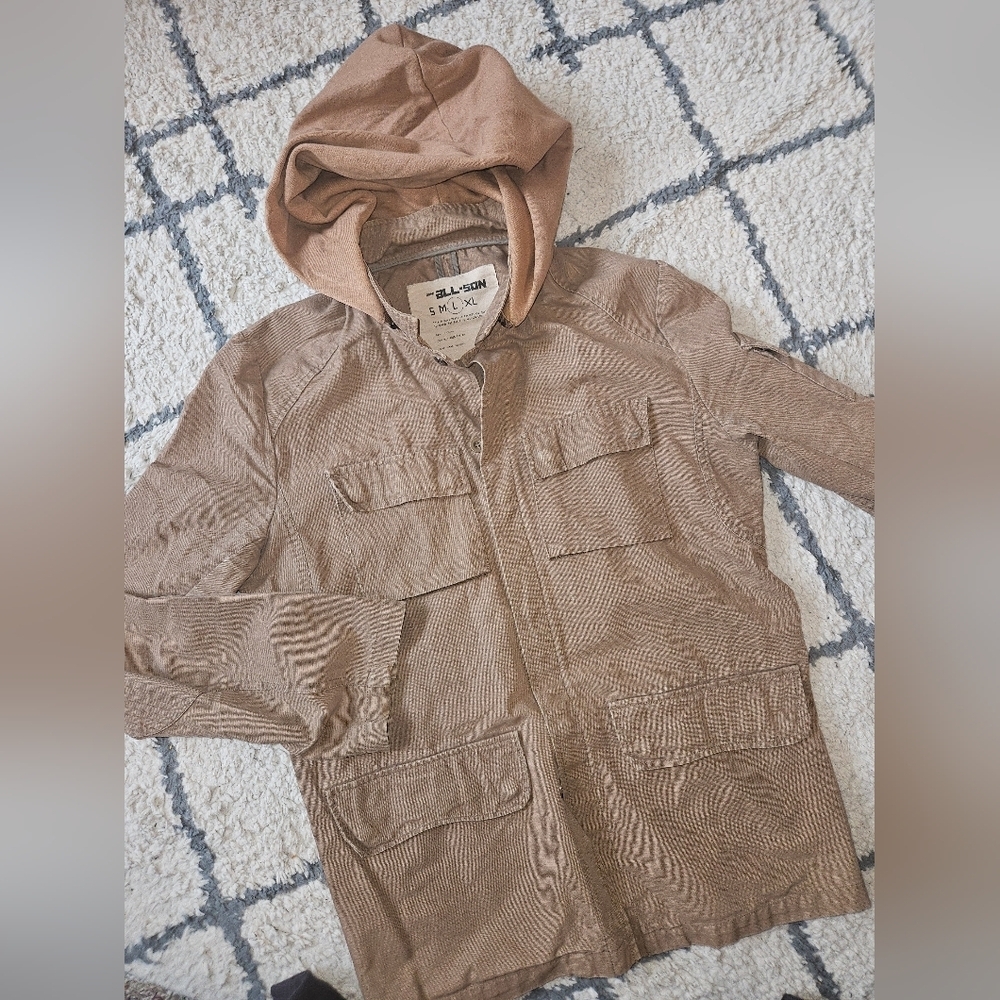 All-son Brand Military Style Button/snap Utilty Hooded Jacket Large